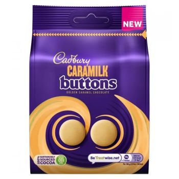 Smooth Cadbury caramilk chocolate shaped like giant buttons in a share size sweets bag.