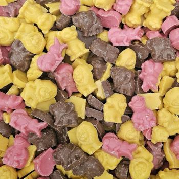 Retro Sweets - milk, white and strawberry flavour chocolate candy pieces shaped like animals