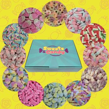 A variety of fizzy pick and mix sweets in our sweets and candy hamper box.