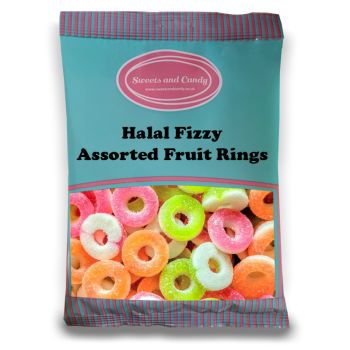 Halal Pick and Mix Sweets - 1kg Bulk bag of Halal Fizzy Assorted Fruit Rings, fruit flavour jelly sweets shaped like rings with a sugar coating