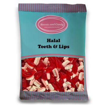 Halal Pick and Mix Sweets - 1kg Bulk bag of Halal Teddy Bears, fruit flavour jelly sweets in the shape of teeth and juicy lips