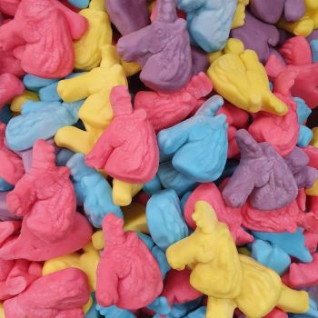 Brightly coloured jelly foam sweets shaped like magical unicorns