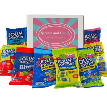 A Sweets and Candy Hamper Box bursting with different American Jolly Rancher sweets