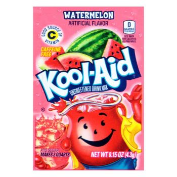 A sachet of Watermelon Kool Aid, a drink powder imported from America.