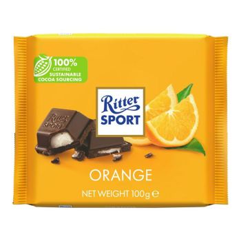 Ritter Sport Orange -  Rich, dark chocolate, perfectly blended with fine cocoas, covers a delicate orange fondant filling.