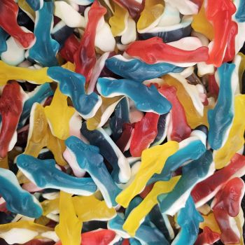 Retro Sweets - multicoloured shark shaped jelly sweets, with a white foam bottom