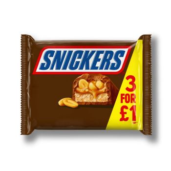 A 3 pack of snickers chocolate bars made from nougat, caramel and peanuts
