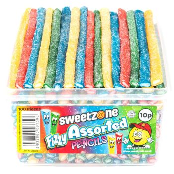 Sweetzone fizzy assorted pencils sweets in a bulk plastic tub