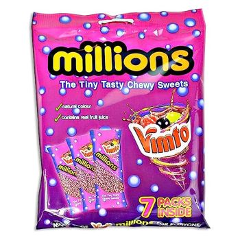 A bag of 7 Packs of Vimto flavour chewy sweets in tiny balls!