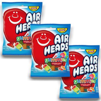 A pack of 3 bags of fruit flavour jelly sweets made by airheads and imported from America