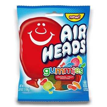 A 108g bag of fruit flavour jelly sweets made by airheads and imported from America