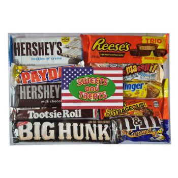 Our Sweets and Treats Gift Box filled with the bestselling selection of American chocolate bars!