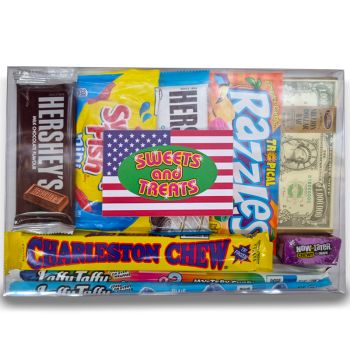 Our Sweets and Treats Gift Box filled with the best American candy and chocolate bars!