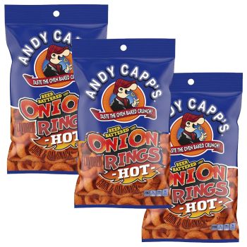 American Sweets - A pack of 3 large 57g bags of Andy Capp's Hot Onion Rings American Crisps.