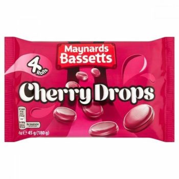 A pack of 4 rolls of Bassetts Cherry drops sweets, Retro cherry flavour hard boiled sweets.
