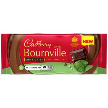 Bournville Mint Crisp - Dark chocolate bar with mint flavouring and crispy pieces.