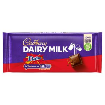 Delicious creamy milk chocolate bar scattered with chunks of Daim