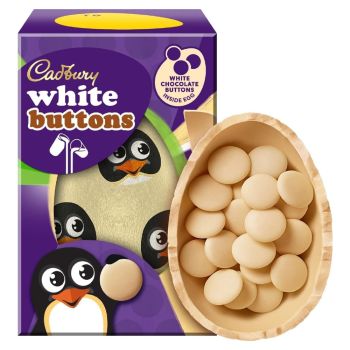 A hollow Cadbury White chocolate Easter egg filled with Cadbury White Chocolate Buttons. 