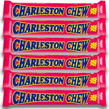 American Sweets - A pack of 6 Charleston Chew Strawberry American candy bars, made from strawberry flavour nougat with a chocolatey coating