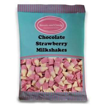 Strawberry and cream flavour candy pieces shaped like milk bottles in a 1kg bag