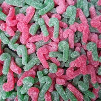 Christmas Sweets - Strawberry flavour gummies sweets shaped like candy canes with a sugar coating