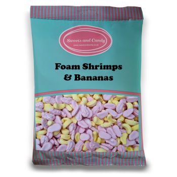 Foam Shrimps and Bananas - A 1kg bag of raspberry and banana flavour foam sweets in the shape of shrimps and bananas