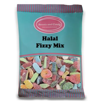 A bulk 1kg bag of Halal Fizzy Mix, assorted fruit flavour jelly sweets with fizzy sugar coating