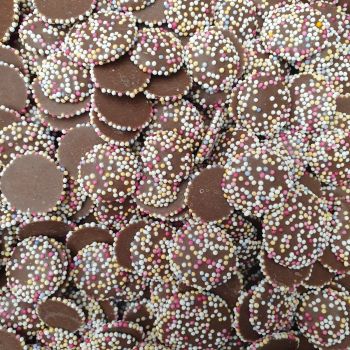 Hannahs brown jazzies are milk chocolate flavour buttons with multicoloured sprinkles on top