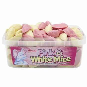 A full tub of strawberry and cream flavour chocolate candy sweets shaped like mice