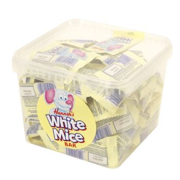 A full tub of creamy white chocolate flavour white mice bars, individually wrapped sweets