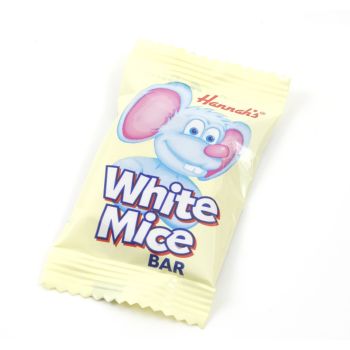 A creamy white chocolate flavour white mice bar, individually wrapped sweets