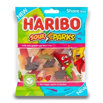 Haribo Sour Sparks is a unique mix of chewy gummy sweets with a sour centre. Dual flavour combinations in each lighting bolt piece, offering a bolt of sourness and a long lasting chew.