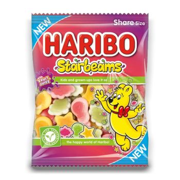 Soft and fruity, Haribo Starbeams is a mix of soft jelly and foam sweets in 3 fruity flavours with added fruit juice; Cherry, Apple and Lemon.