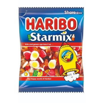 A bag of Haribo starmix sweets containing fruit and cola flavour sweets