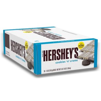 American Sweets - A full case of Hersheys American candy bar made from creamy white chocolate with cookie pieces inside.