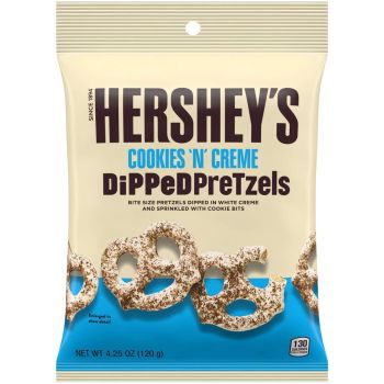 Snyders pretzels dipped in Hershey's creamy white chocolate topped with cookie pieces