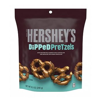 Snyders pretzels dipped in Hershey's milk chocolate, american sweets.