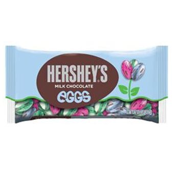 Brightly coloured foil wrapped eggs made from Hershey's milk chocolate