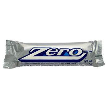 Hershey's Zero bar composed of a combination of caramel, peanut and almond nougat covered with a layer of white chocolate fudge