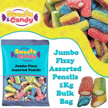 A bulk 1kg bag of Retro Jumbo Fizzy Assorted Pencils