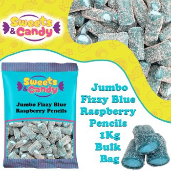 A bulk 1kg bag of Retro Jumbo Fizzy Blue Raspberry Pencils