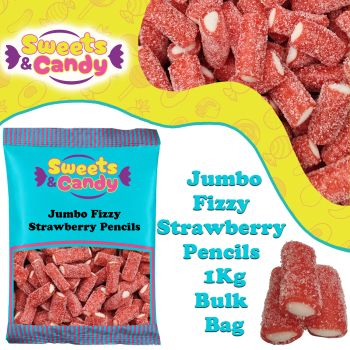 A bulk 1kg bag of Retro Jumbo Fizzy Strawberry Pencils