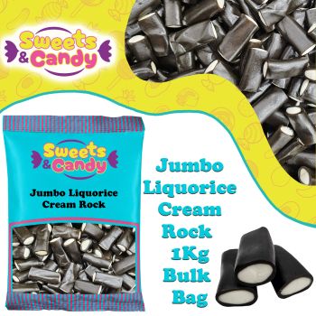 A bulk 1kg bag of Retro Jumbo Liquorice Cream Rock