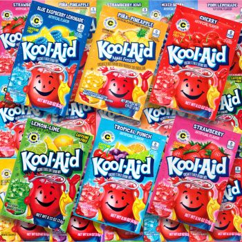 A variety pack of Kool Aid, 10 different flavours of American Drinks Sachets