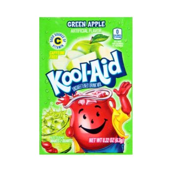 A sachet of Green Apple Kool Aid, a drink powder imported from America.