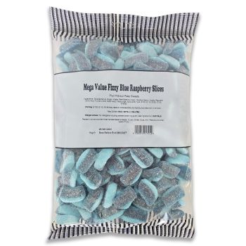 A bulk 1kg bag of fizzy blue raspberry slices