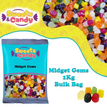 Midget Gems - 1Kg Bulk bag of retro fruit flavour, firm gummy sweets.