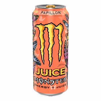 A 473ml can of Peach flavour Monster Juice Drinks, imported from America.