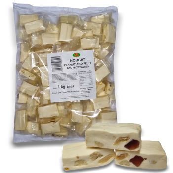 A bulk 1 Kilo bag of soft nougat with peanuts and fruit inside