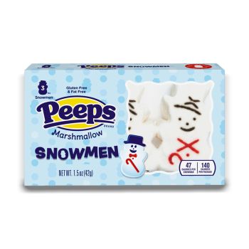 A pack of 6 snowmen shaped Peeps Marshmallows, American sweets imported to the UK